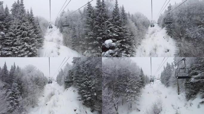 滑雪缆车在田园诗般的冬季景观，有雪和树木。滑雪胜地极冷的天气下了美丽的雪，配有经典的滑雪椅。滑雪缆车