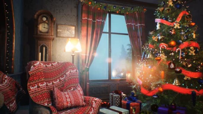 除夕夜的节日气氛中，有节日的圣诞树和花环，暴风雪在窗外肆虐。循环动画非常适合圣诞节和除夕背景。