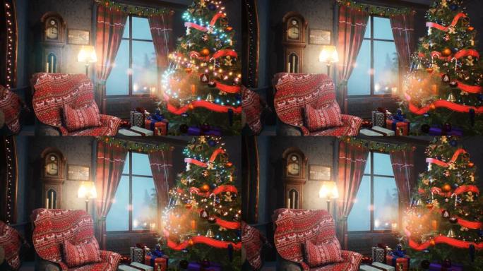 除夕夜的节日气氛中，有节日的圣诞树和花环，暴风雪在窗外肆虐。循环动画非常适合圣诞节和除夕背景。