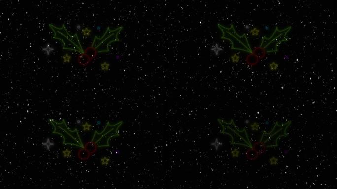 圣诞节时落在黑色背景上的霓虹灯槲寄生动画