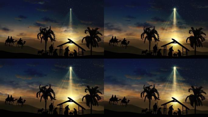 圣诞节诞生场景动画，星空上有真实的动物和树木