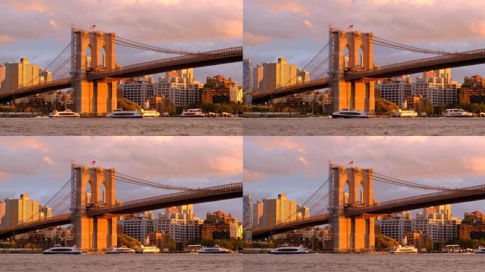 日落时分美丽的布鲁克林大桥，有多艘运输船