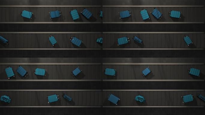 行李在机场传送带上移动高架视图可循环。逼真的3d动画。蓝色手提箱。轻型地板。黑色极简主义。水平