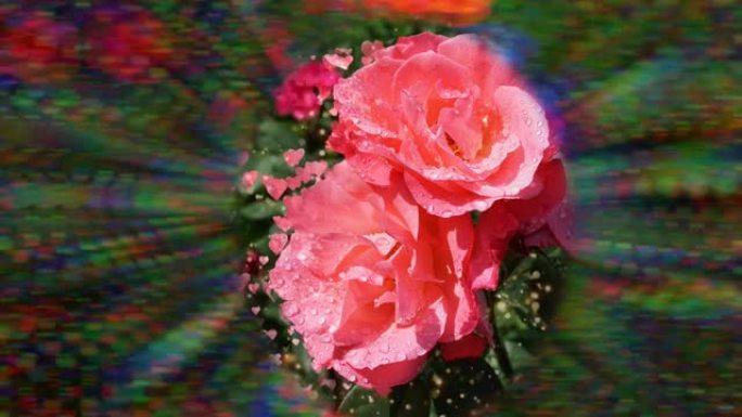 彩虹色和bokeh画框中的粉红玫瑰