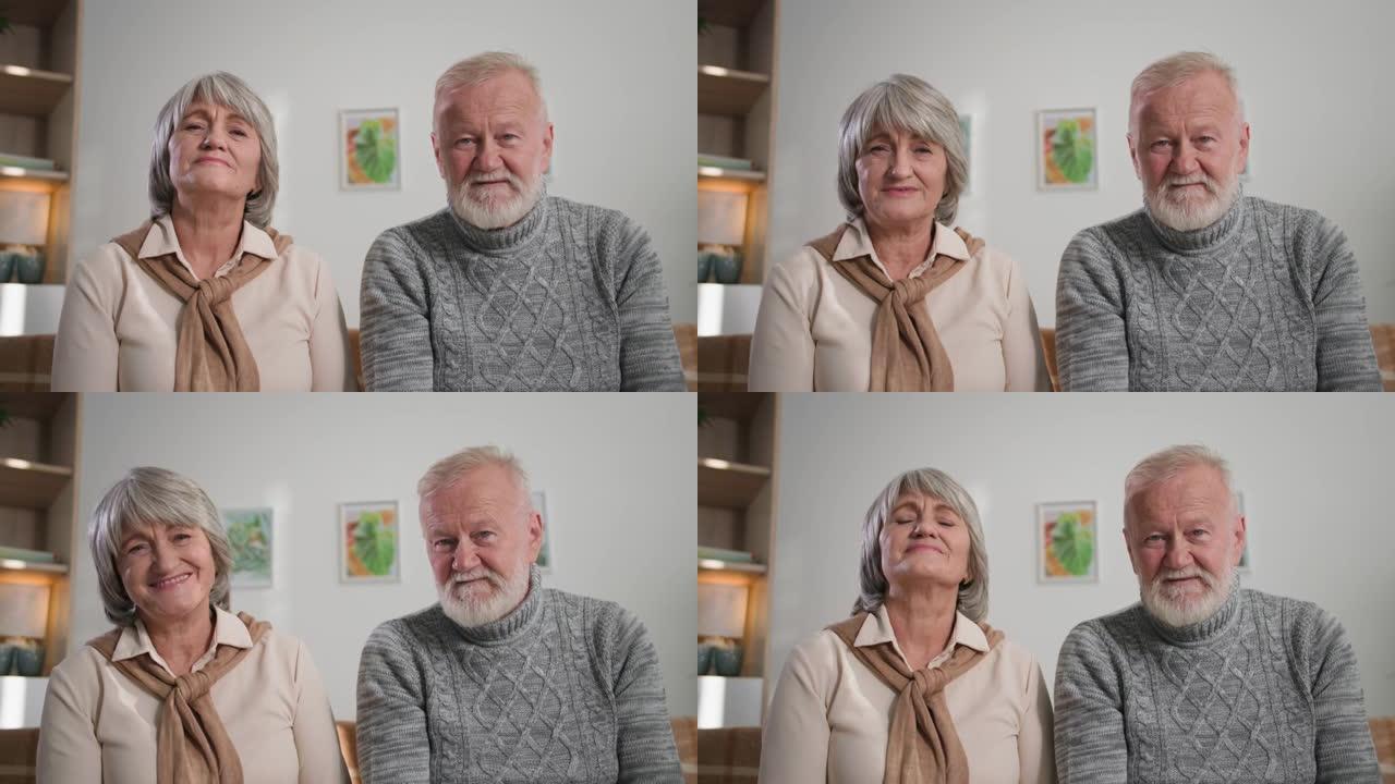 老年夫妇使用笔记本电脑，微笑的祖父母一起点头，在相机上挥舞双手
