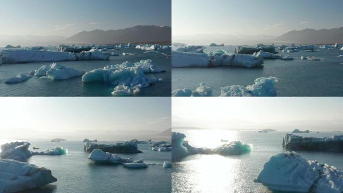 冰山漂浮的鸟瞰图，冰岛的Breidamerkurjokull冰川舌。无人机视图雪山和冰层在Vatna