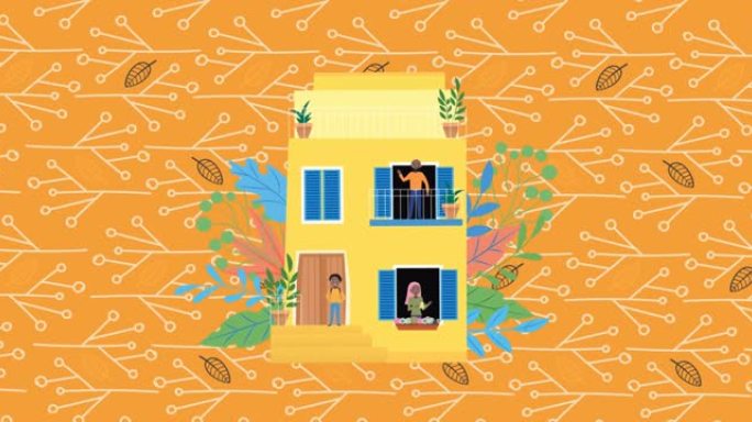 黄色房子里快乐父母和儿子的插图动画，橙色的树枝和树叶