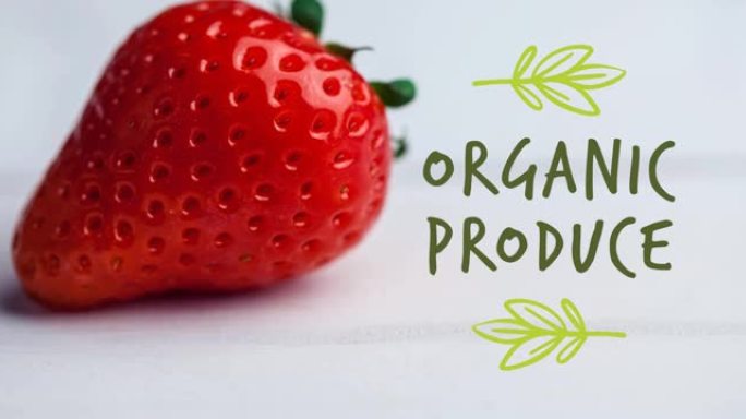 有机农产品文本在新鲜有机草莓上的绿色动画