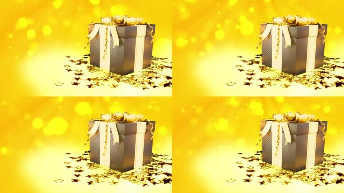 金色和黑色惊喜礼品盒，橙色背景为星星