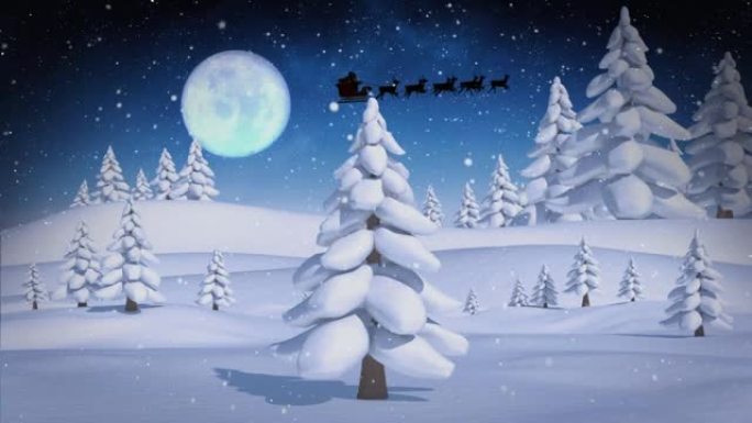 圣诞老人在雪橇上的动画与驯鹿在降雪和冬季景观上