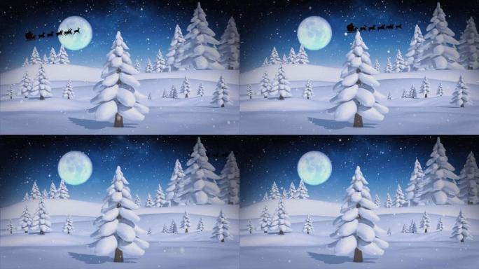 圣诞老人在雪橇上的动画与驯鹿在降雪和冬季景观上