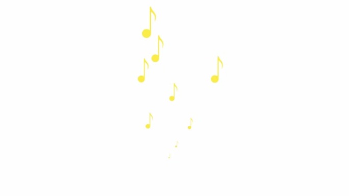动画黄色音符从下到上飞来飞去。一波飞扬的音符。音乐、歌曲、旋律的概念。矢量插图孤立在白色背景上。