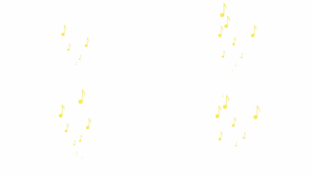 动画黄色音符从下到上飞来飞去。一波飞扬的音符。音乐、歌曲、旋律的概念。矢量插图孤立在白色背景上。