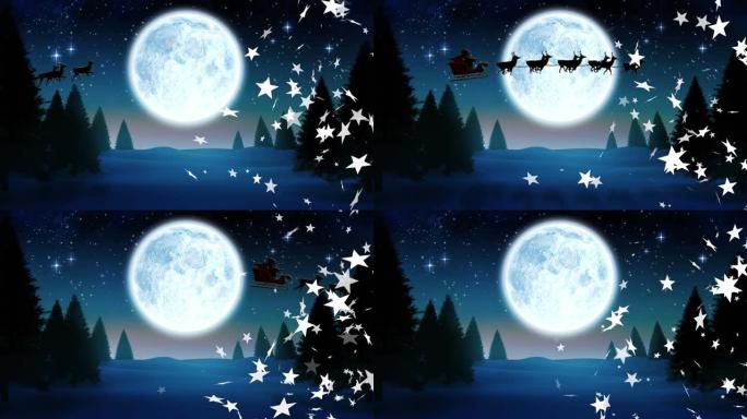多个星星图标漂浮在夜空中的冬季景观和月亮上