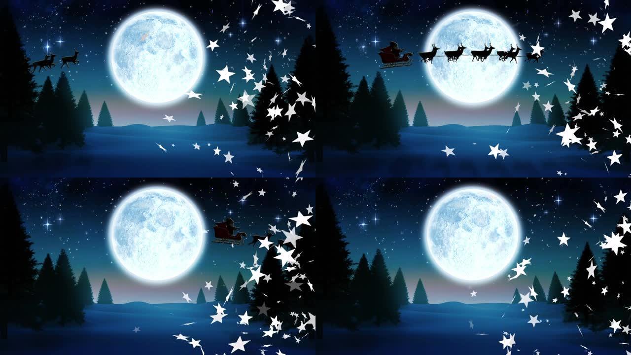 多个星星图标漂浮在夜空中的冬季景观和月亮上