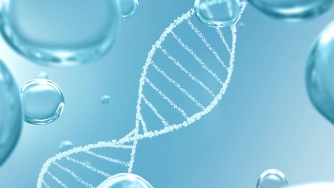 未来美容保健细胞环背景与白色气泡mRNA螺旋和蓝色液滴