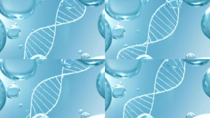 未来美容保健细胞环背景与白色气泡mRNA螺旋和蓝色液滴