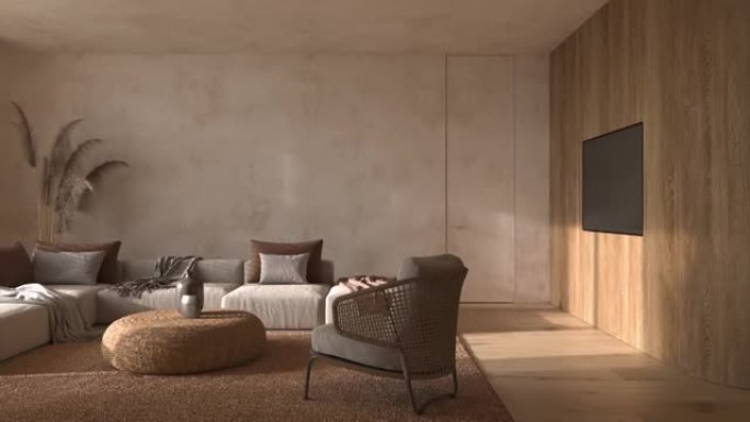 斯堪的纳维亚风格的室内公寓。客厅设计，配有波西米亚天然木制家具。3d渲染动画场景。