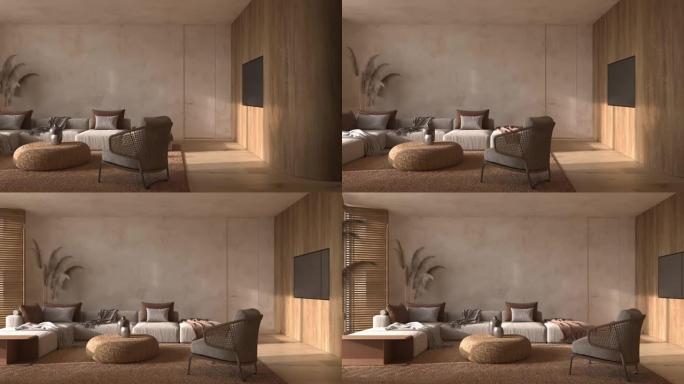 斯堪的纳维亚风格的室内公寓。客厅设计，配有波西米亚天然木制家具。3d渲染动画场景。