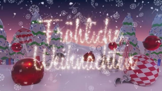 Frohe weihnachten文字和雪花落在冬季景观上的圣诞节装饰品上