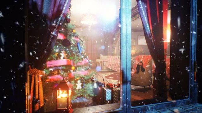 暴风雪正在肆虐，一棵装饰精美的圣诞树和对圣诞节欢呼的期待屹立在温暖的房子里。循环动画非常适合圣诞节和