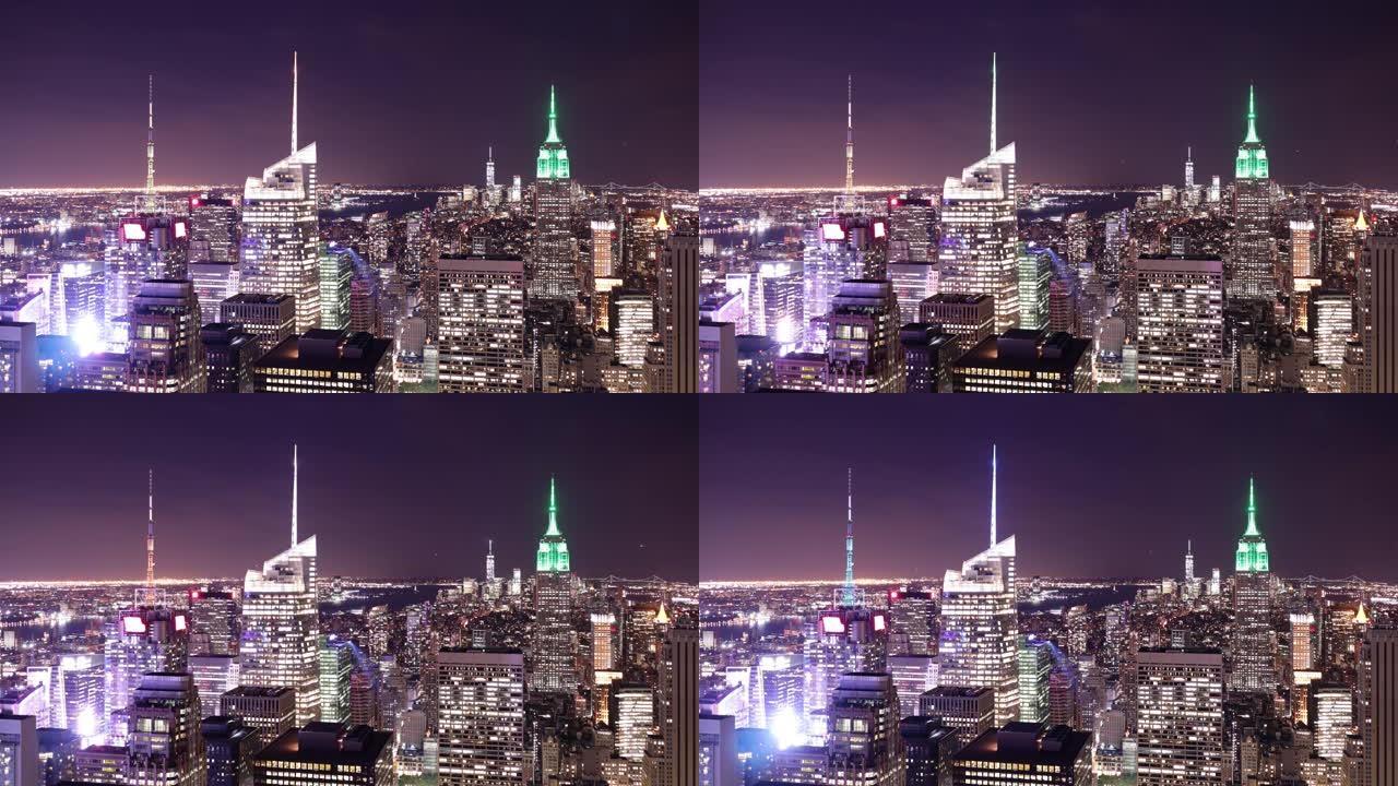 夜光曼哈顿景观4k延时从纽约岩石顶