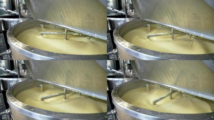 乳制品厂黄油生产的特写视图