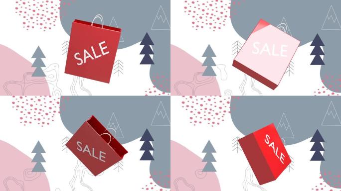 红色购物袋上的销售文字，白色背景上的圣诞树图标和地形
