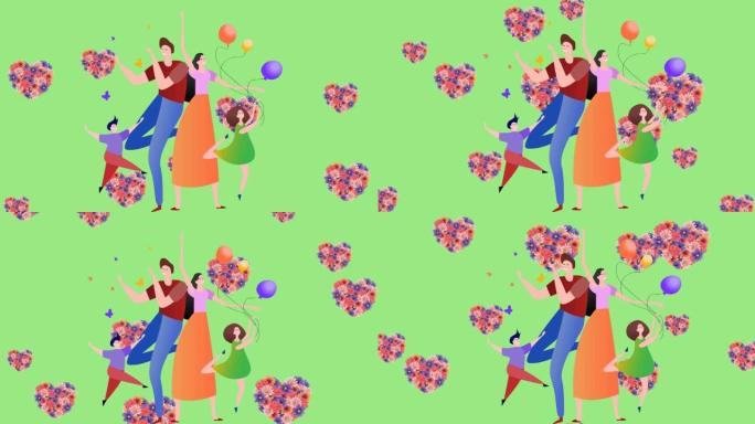 在绿色上，用气球和花心跳舞的幸福家庭插图动画