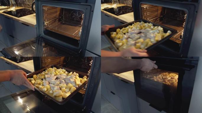 男子将装有鸡腿和土豆的托盘放在烤箱中，跟踪相机，家庭烹饪