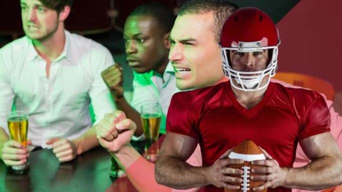 男性美式足球运动员在紧张的男性体育迷在酒吧观看比赛的动画