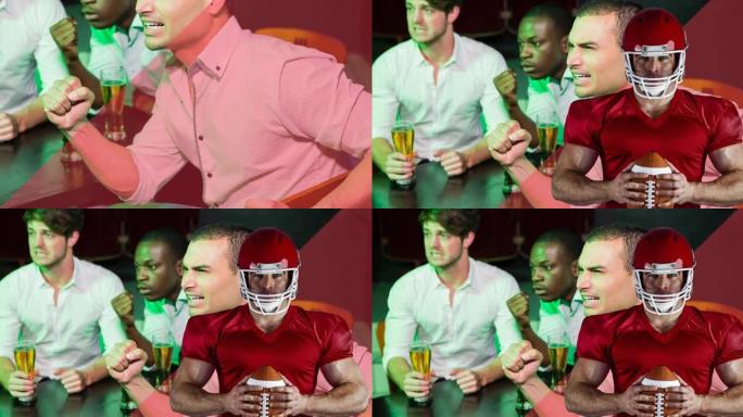 男性美式足球运动员在紧张的男性体育迷在酒吧观看比赛的动画
