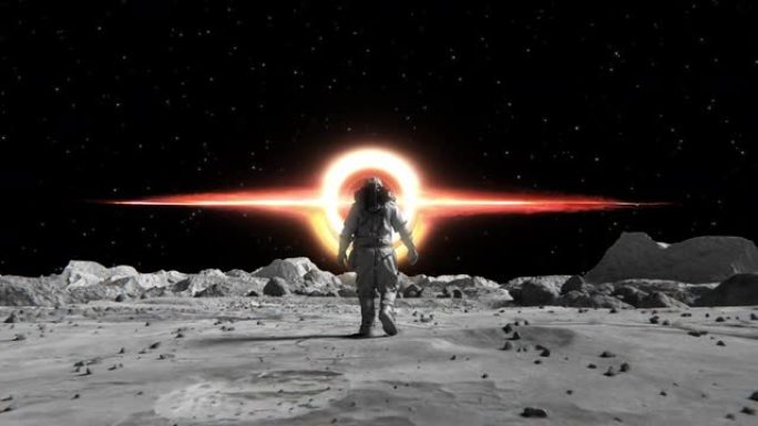 勇敢的宇航员穿着太空服自信地走在月球上，被岩石覆盖。黑洞。月球表面的第一位宇航员。人类的重要时刻。先