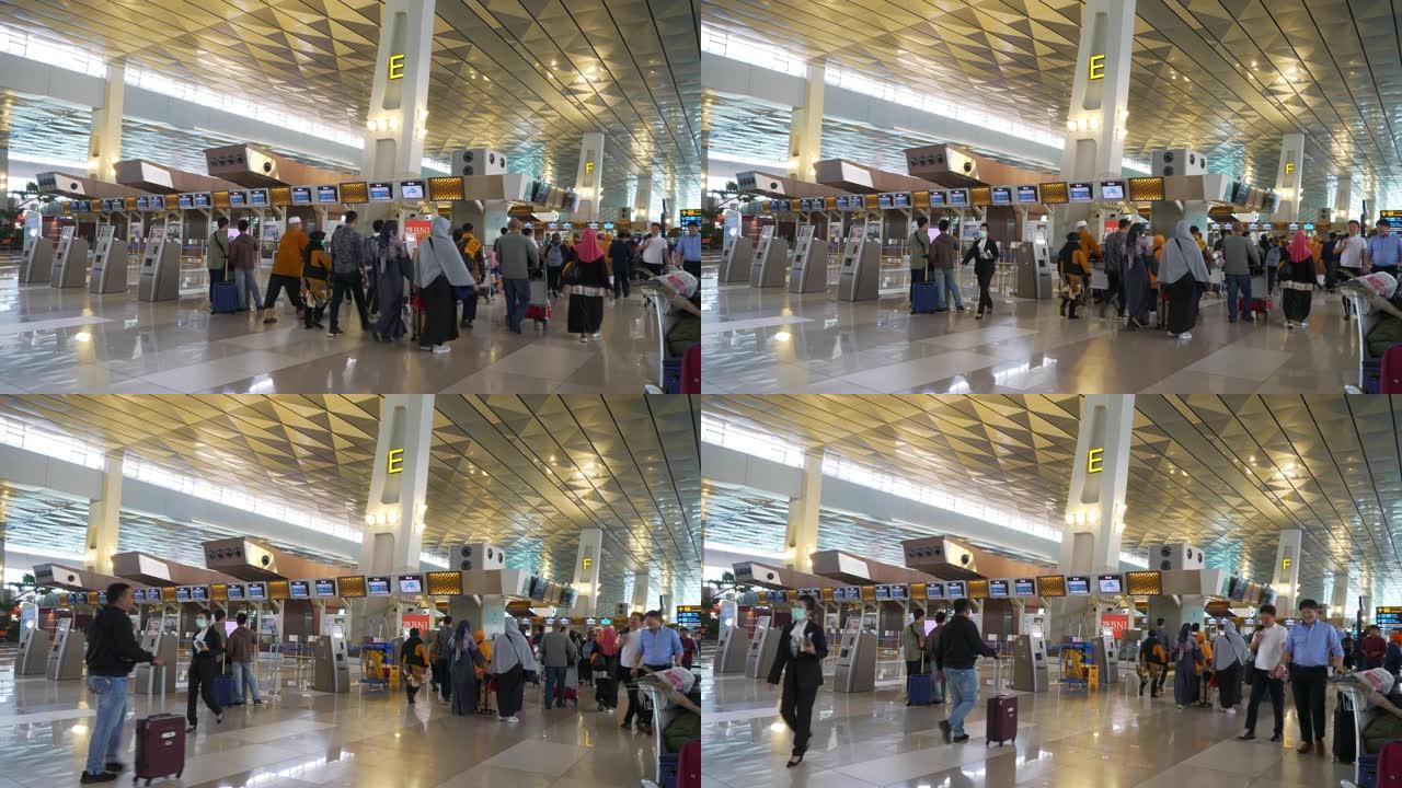 雅加达国际机场主登记大厅慢动作拥挤全景4k印度尼西亚