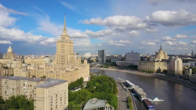 俄罗斯晴天莫斯科市河湾著名建筑空中全景4k