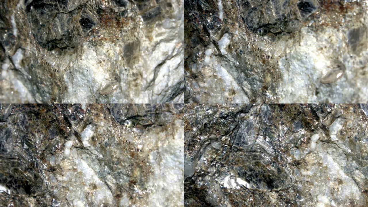 带有大的孤立白云母晶体和石英带的白云母片麻岩的特写