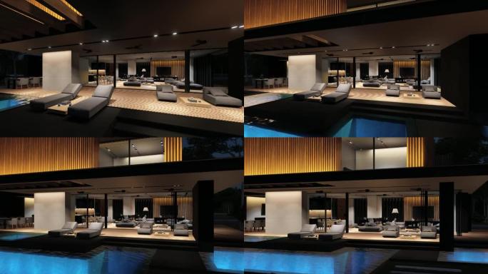 夜间木板立面现代住宅的4k视频渲染