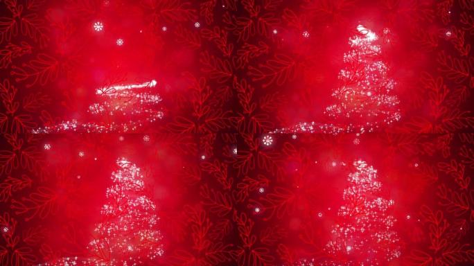雪花落在流星上，形成圣诞树和红色背景上的花卉图案