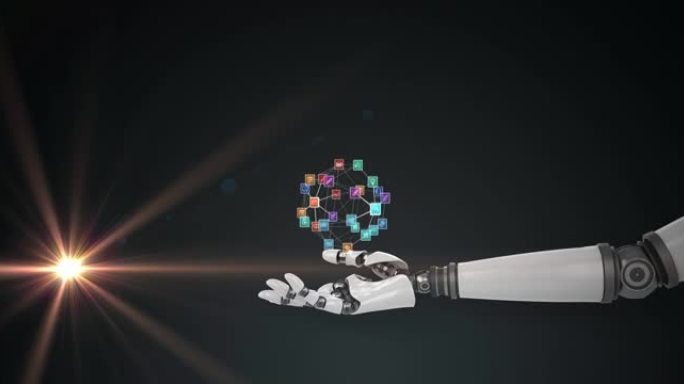 机器人手臂上的媒体图标网络动画，在黑暗背景上移动光线