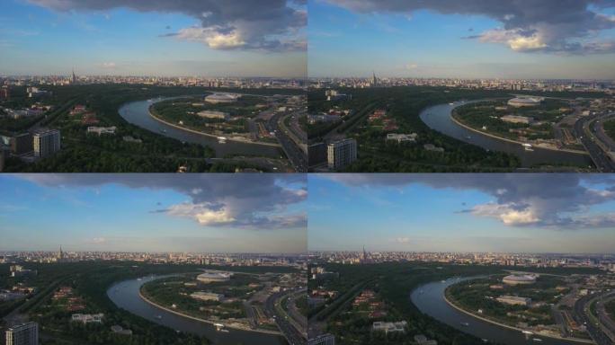 俄罗斯阳光明媚的夜晚莫斯科著名的麻雀山河空中全景4k