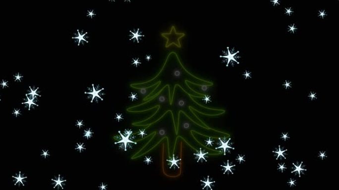 圣诞节在黑色背景上落下的霓虹灯圣诞树的动画
