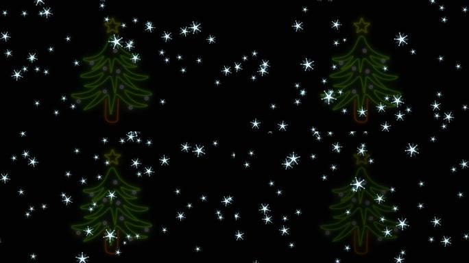圣诞节在黑色背景上落下的霓虹灯圣诞树的动画