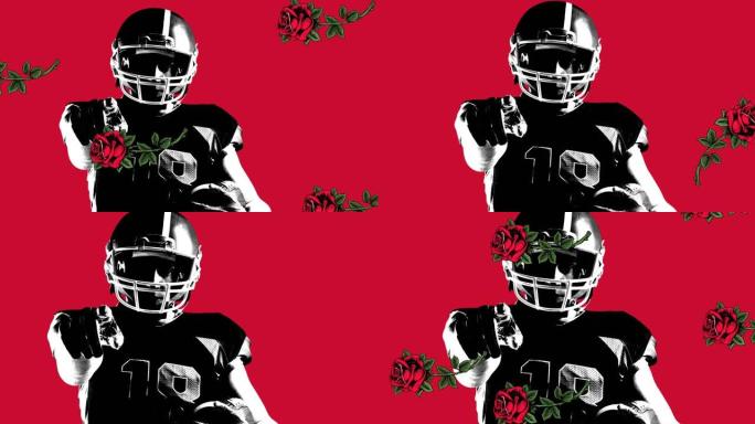 黑白美式足球运动员的动画指向，红玫瑰掉落，红色