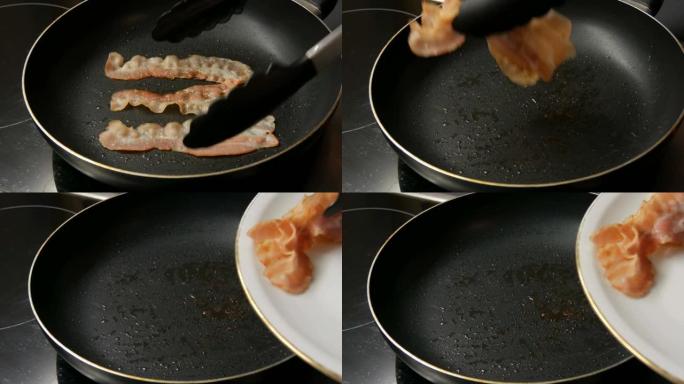 培根薄片用葵花籽油在热锅中油炸，并带有不粘涂层。厨师做饭做早餐，变成令人惊叹的脆皮培根