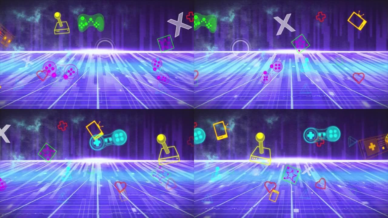 紫色背景上移动灯光上彩色游戏和媒体图标的动画