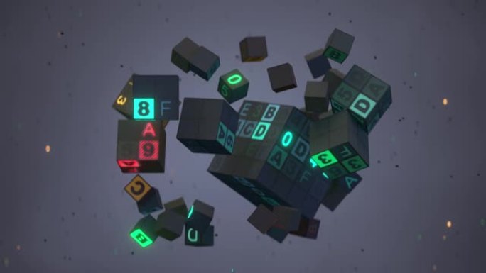 带有程序代码的数字立方体悬浮在空中3D渲染动画中