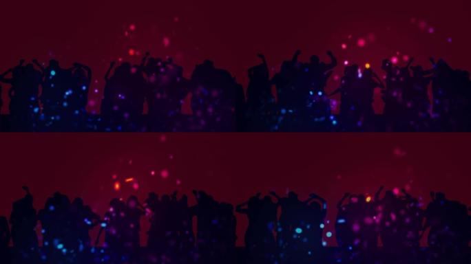 红色背景的舞蹈人群上的彩色光点动画
