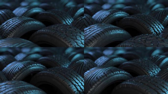 优雅的工作室照明中的汽车轮胎。这部电影是循环的，以一种有趣的方式排列在仓库或商店中，汽车行业的背景。