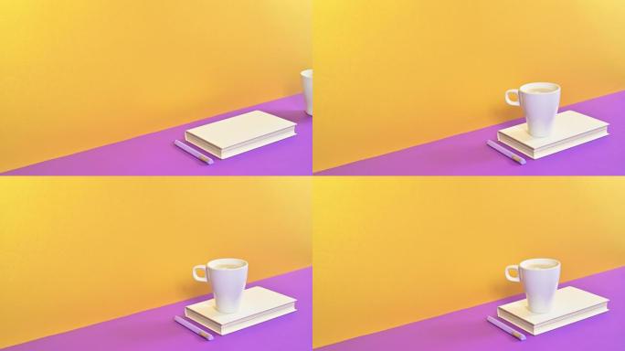 白色精装复古书籍，一杯新鲜咖啡和铅笔出现在紫色金色主题上。最小停止运动动画