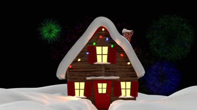 黑色背景下圣诞节在雪地上爆炸的彩色烟花动画